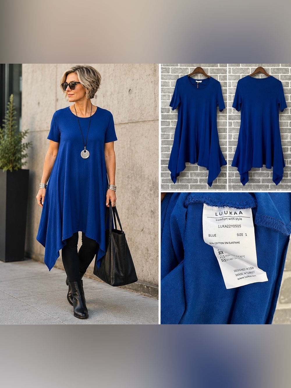 Luukaa Royal Blue Asymmetrical Hem Dress Short Sleeve Size 1 NWT